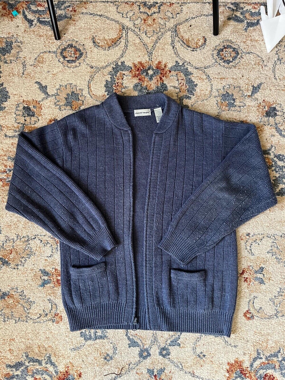 David Taylor Zip Cardigan Sweater Mens Large Cable Knit Blue Grandpa Academic